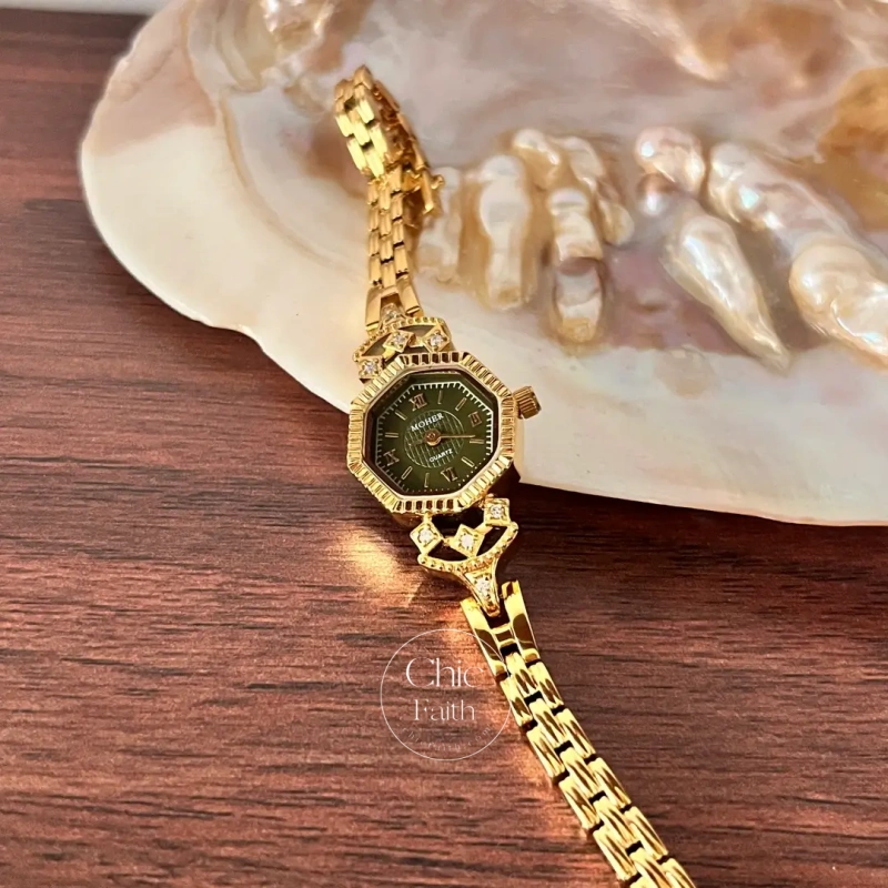 ChicFaith Gold Octagon Emerald Green Dial Bracelet Watch for Women
