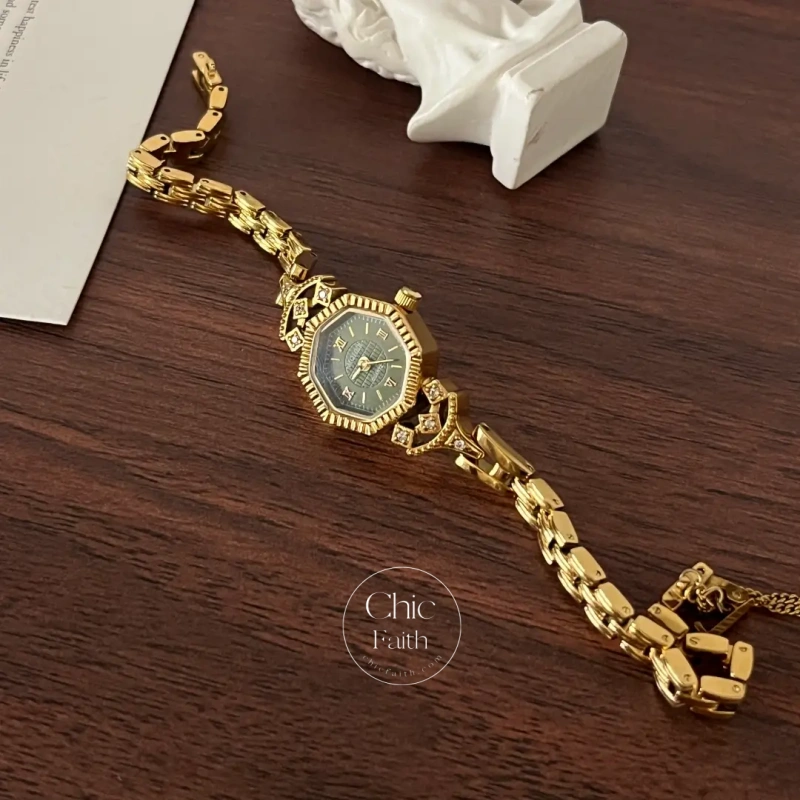 ChicFaith Gold Octagon Emerald Green Dial Bracelet Watch for Women