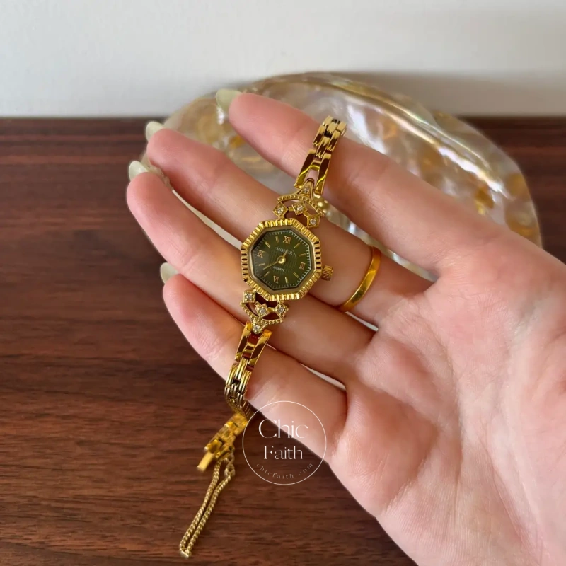 ChicFaith Gold Octagon Emerald Green Dial Bracelet Watch for Women