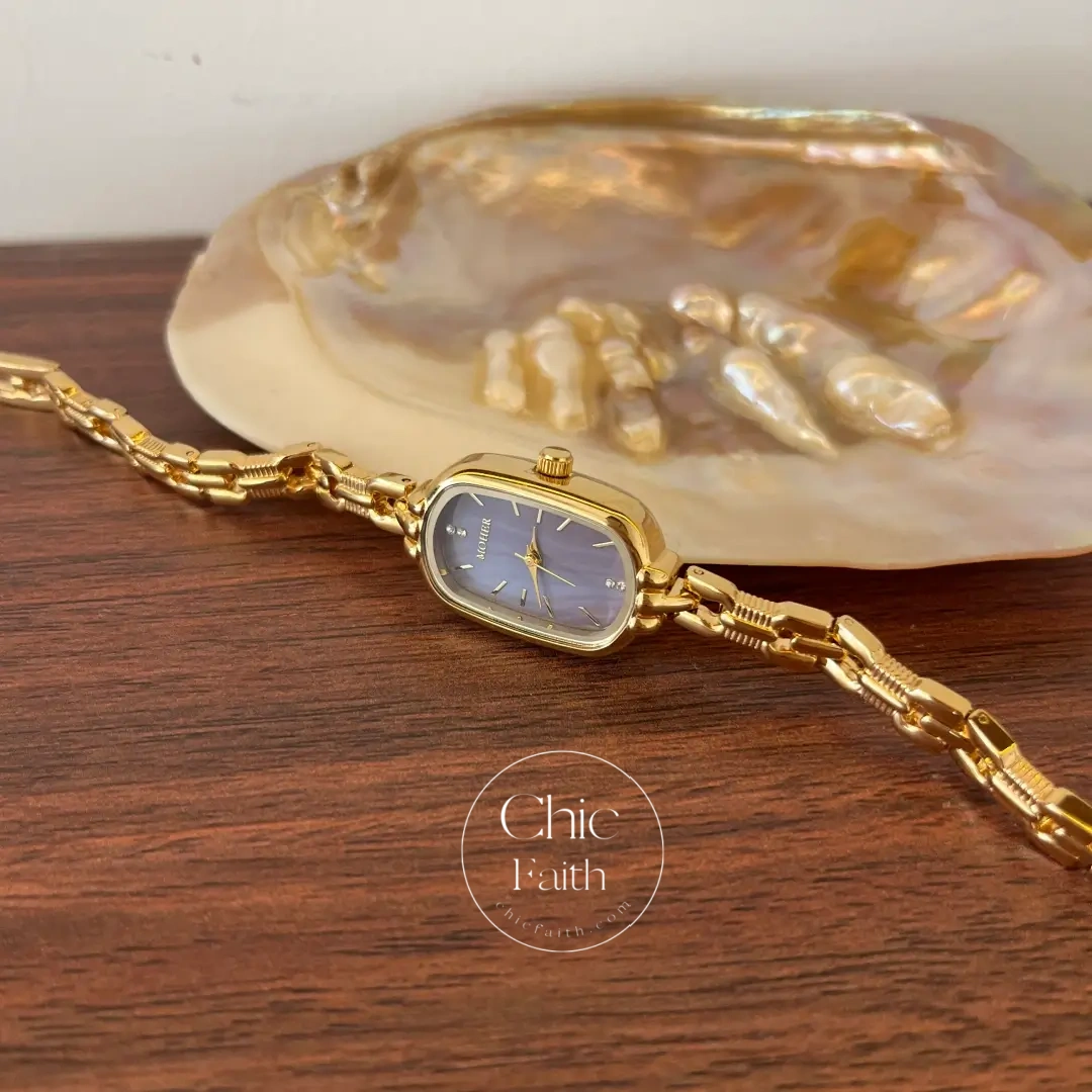 ChicFaith Purple Mother of Pearl Dial Gold Oval Bracelet Watch for Women
