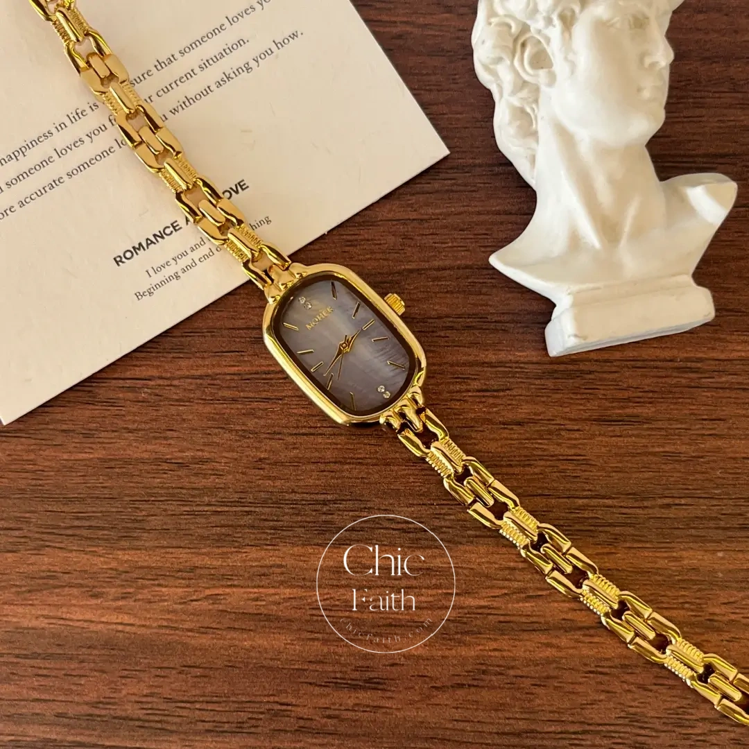 ChicFaith Purple Mother of Pearl Dial Gold Oval Bracelet Watch for Women