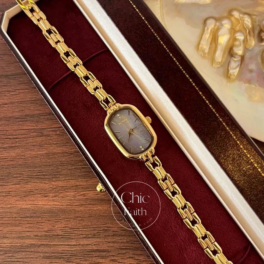 ChicFaith Purple Mother of Pearl Dial Gold Oval Bracelet Watch for Women
