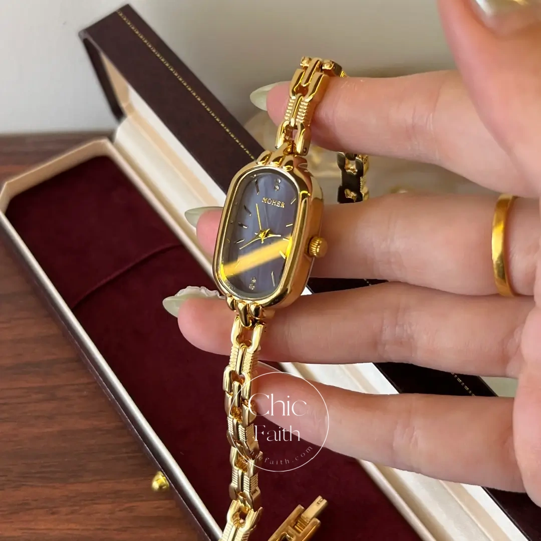 ChicFaith Purple Mother of Pearl Dial Gold Oval Bracelet Watch for Women