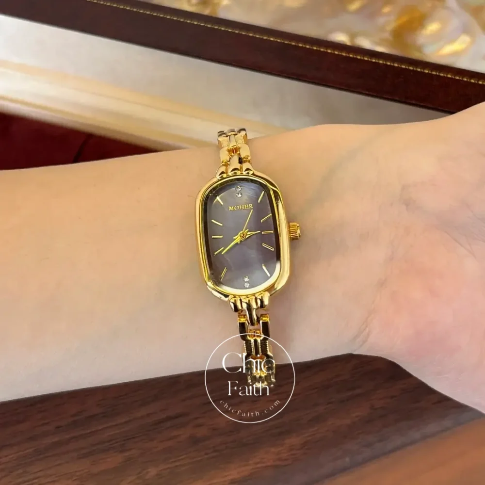 ChicFaith Purple Mother of Pearl Dial Gold Oval Bracelet Watch for Women
