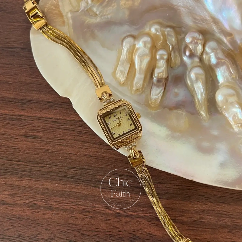 ChicFaith Gold Square Small Face Slim Chain Bracelet Watch for Women