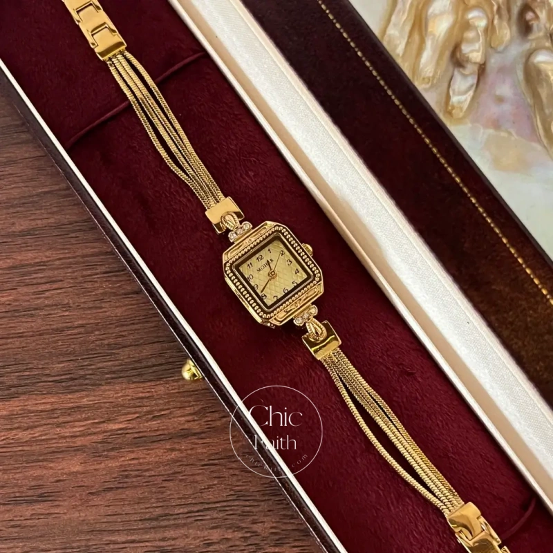 ChicFaith Gold Square Small Face Slim Chain Bracelet Watch for Women