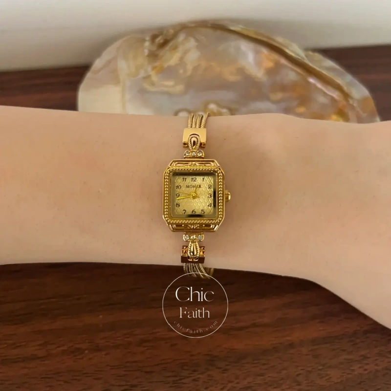 ChicFaith Gold Square Small Face Slim Chain Bracelet Watch for Women