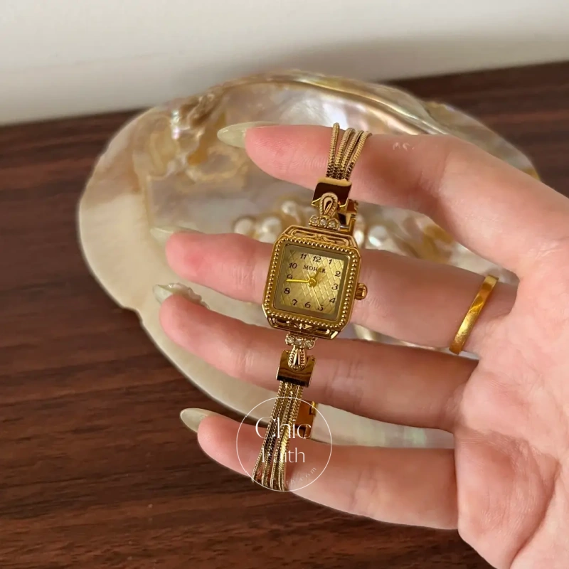 ChicFaith Gold Square Small Face Slim Chain Bracelet Watch for Women