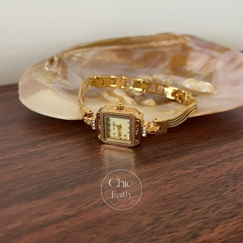 ChicFaith Gold Square Small Face Slim Chain Bracelet Watch for Women
