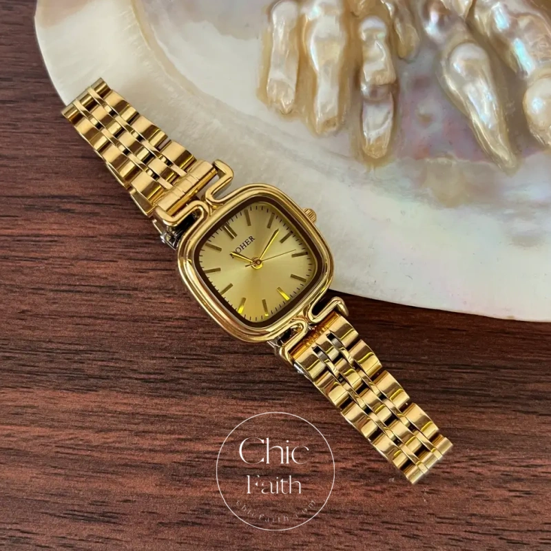 ChicFaith Gold Square Face Classic Stainless Steel Watch for Women