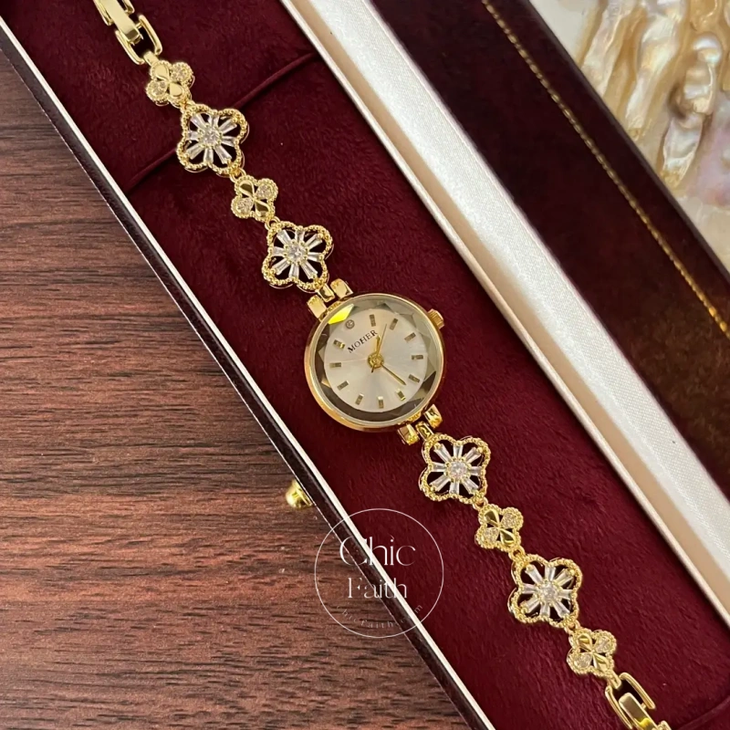 ChicFaith Gold Round Clover Crystal Bracelet Women‘s Watch