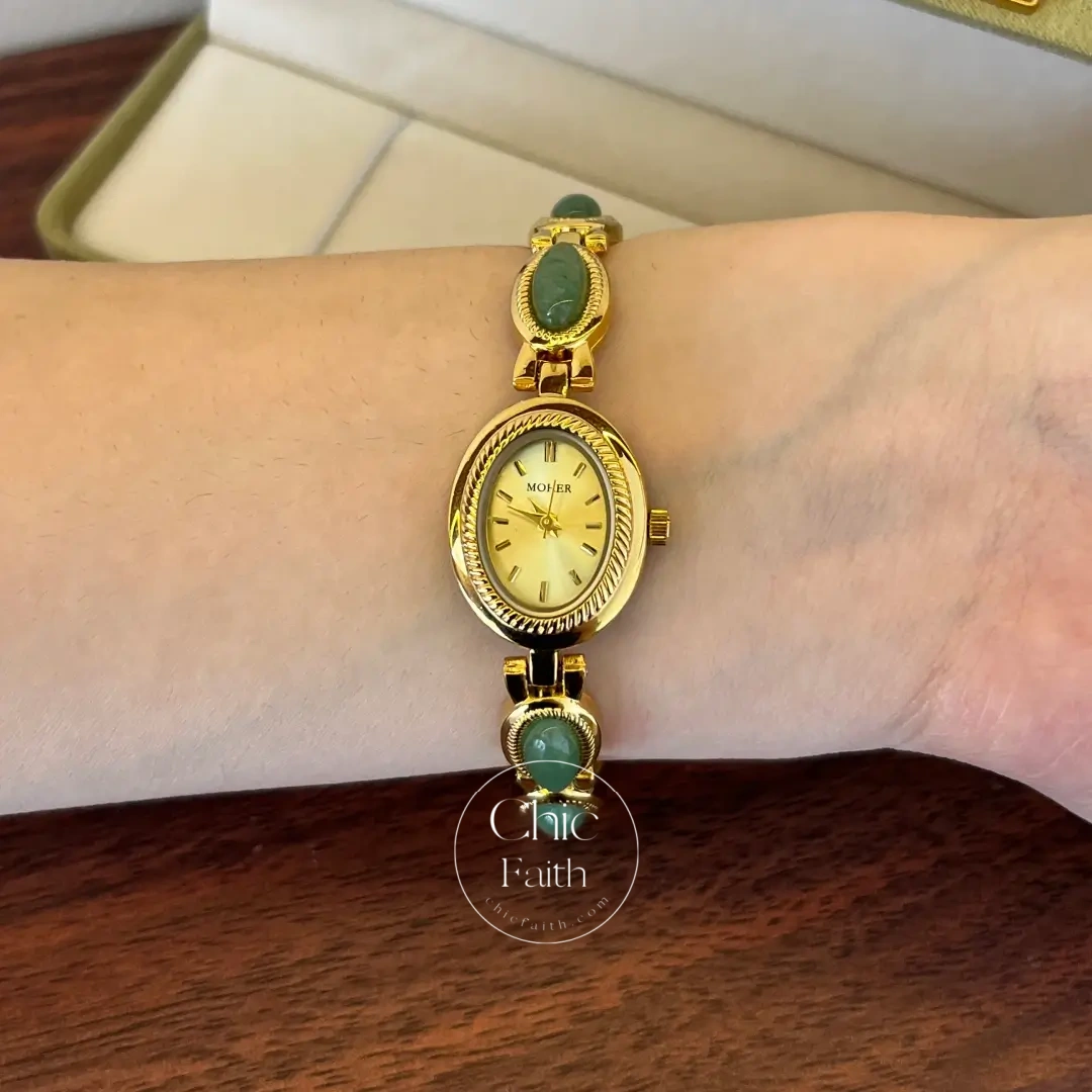 ChicFaith Gold Oval Green Jade Bracelet Women's Watch