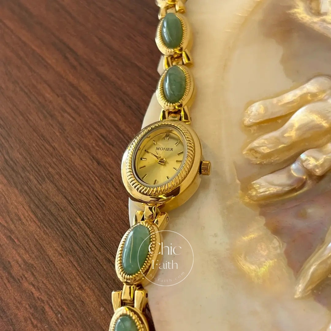 ChicFaith Gold Oval Green Jade Bracelet Women's Watch