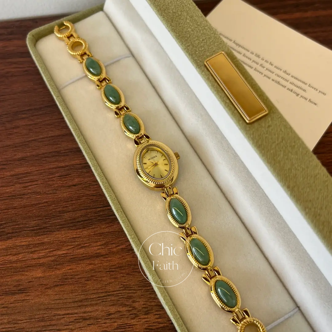 ChicFaith Gold Oval Green Jade Bracelet Women's Watch