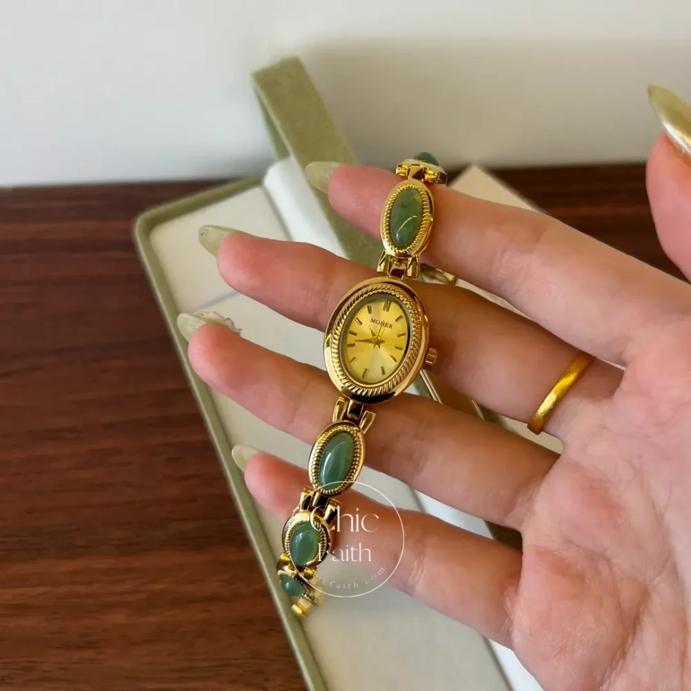 ChicFaith Gold Oval Green Jade Bracelet Women's Watch