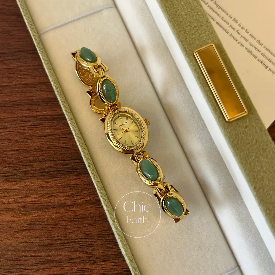 ChicFaith Gold Oval Green Jade Bracelet Women's Watch