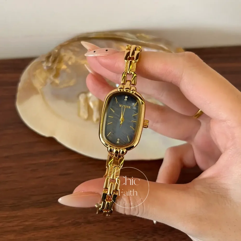 ChicFaith Blue Mother of Pearl Dial Gold Oval Bracelet Watch for Women