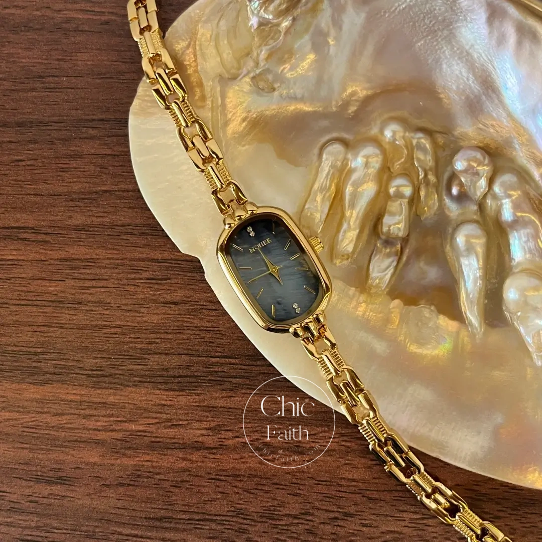 ChicFaith Blue Mother of Pearl Dial Gold Oval Bracelet Watch for Women