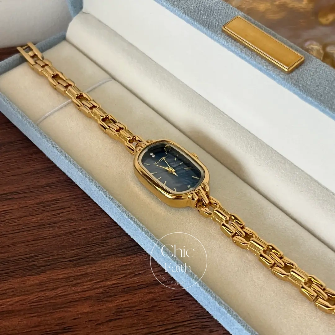 ChicFaith Blue Mother of Pearl Dial Gold Oval Bracelet Watch for Women