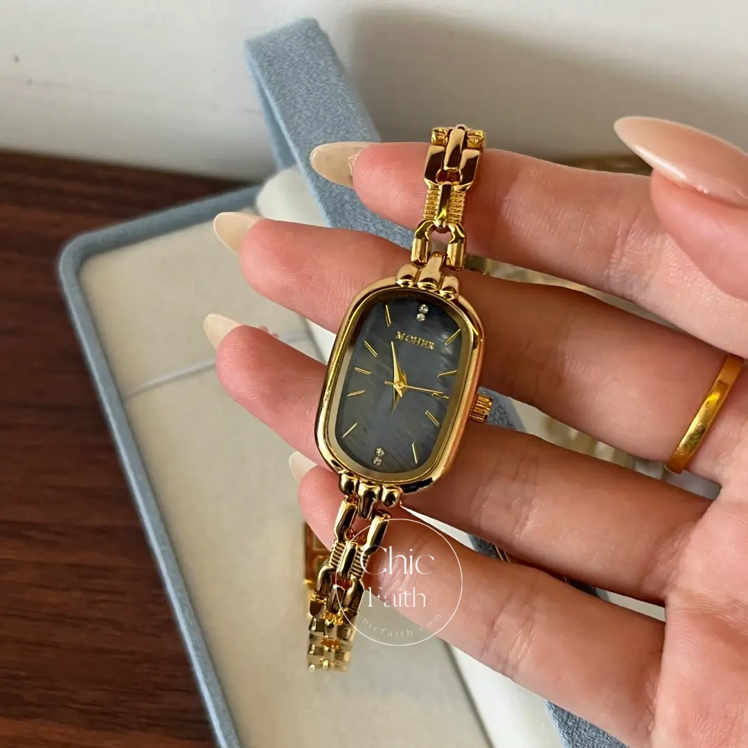 ChicFaith Blue Mother of Pearl Dial Gold Oval Bracelet Watch for Women