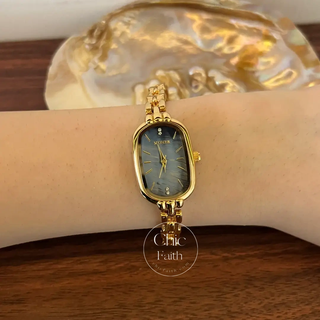 ChicFaith Blue Mother of Pearl Dial Gold Oval Bracelet Watch for Women
