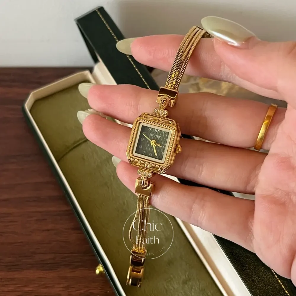 ChicFaith Gold Small Square Green Dial Slim Chain Bracelet Watch for Women