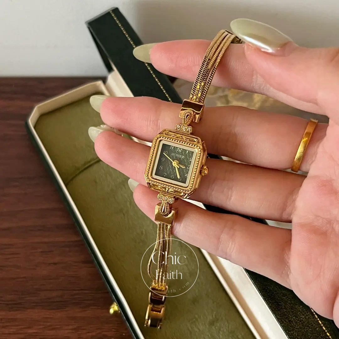 ChicFaith Gold Small Square Green Dial Slim Chain Bracelet Watch for Women