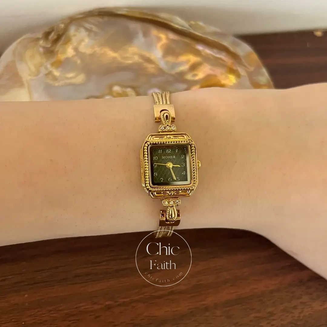 ChicFaith Gold Small Square Green Dial Slim Chain Bracelet Watch for Women
