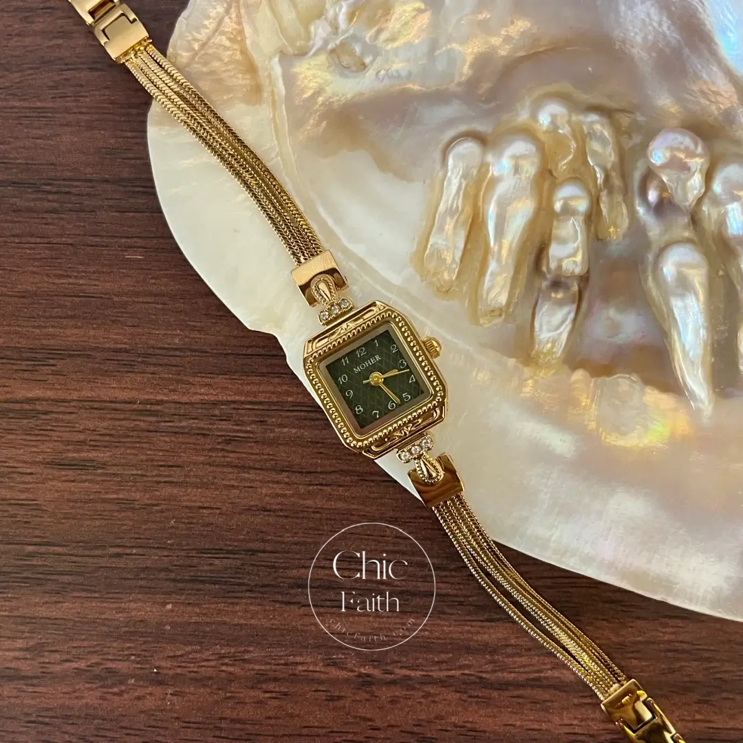 ChicFaith Gold Small Square Green Dial Slim Chain Bracelet Watch for Women