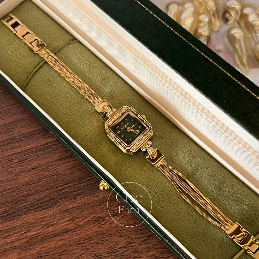 ChicFaith Gold Small Square Green Dial Slim Chain Bracelet Watch for Women