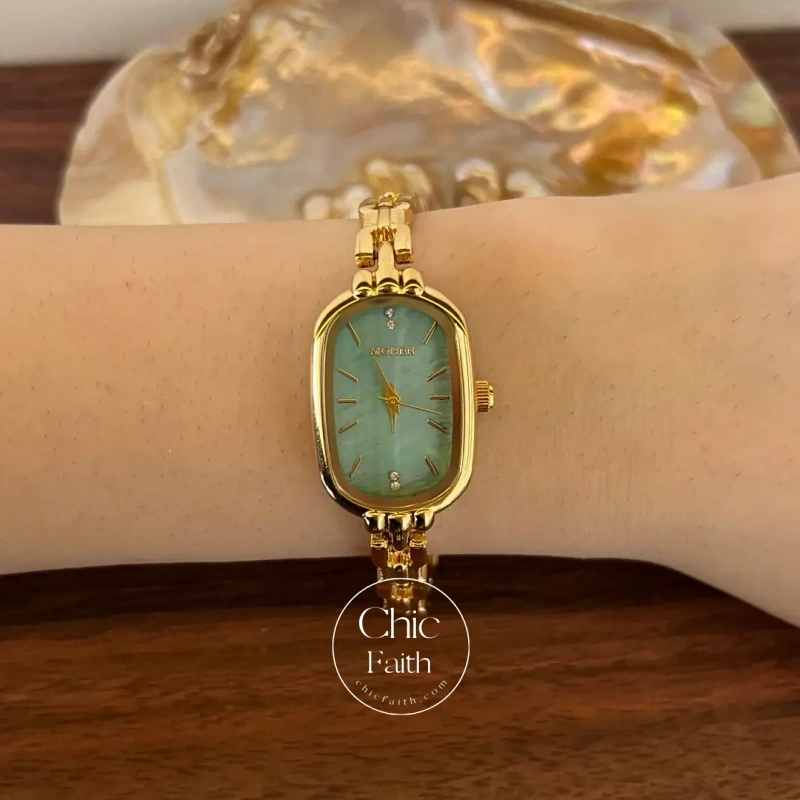 ChicFaith Mint Mother of Pearl Dial Gold Oval Bracelet Watch for Women