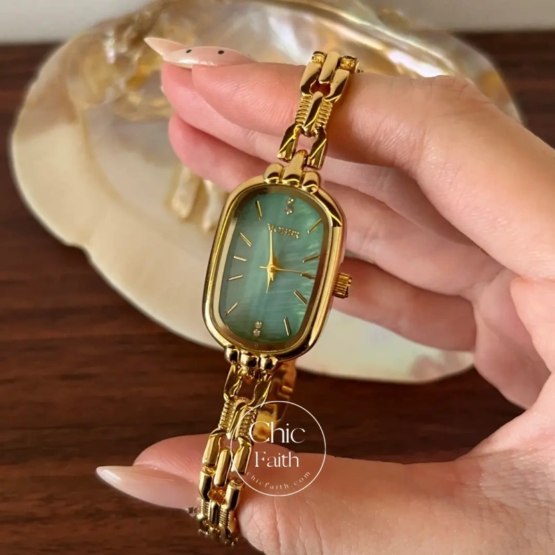 ChicFaith Mint Mother of Pearl Dial Gold Oval Bracelet Watch for Women