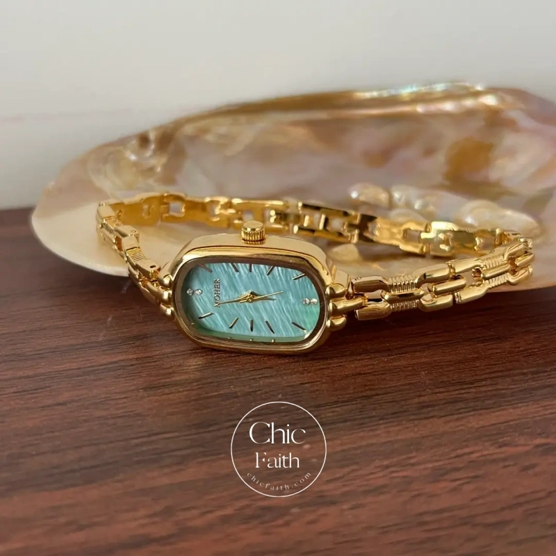 ChicFaith Mint Mother of Pearl Dial Gold Oval Bracelet Watch for Women