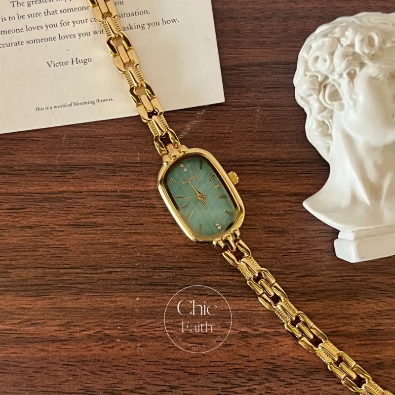 ChicFaith Mint Mother of Pearl Dial Gold Oval Bracelet Watch for Women