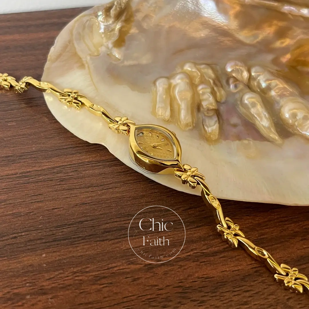 Classic Gold Marquise Floral Bracelet Rhinestone Watch for Women