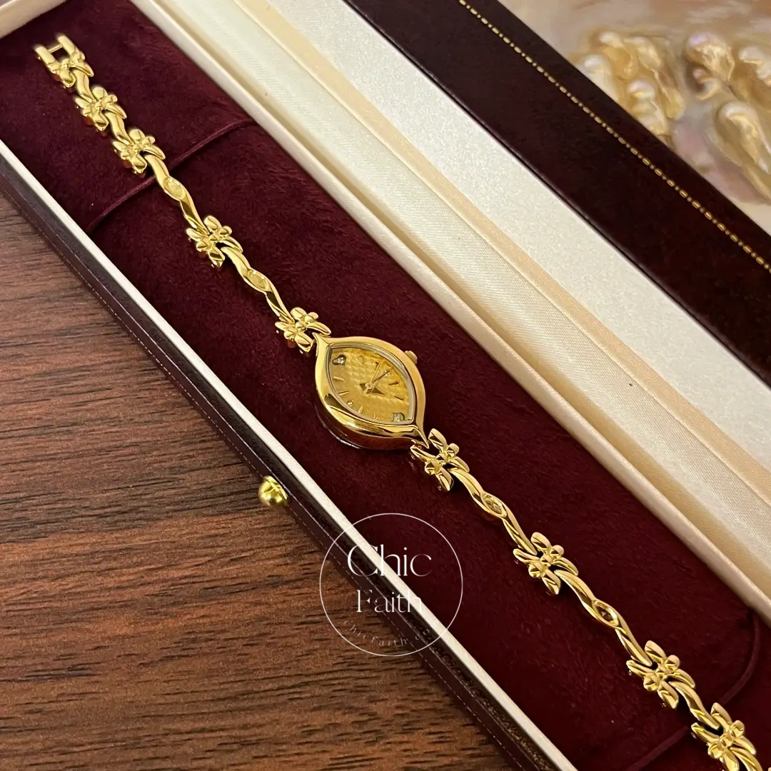 Classic Gold Marquise Floral Bracelet Rhinestone Watch for Women