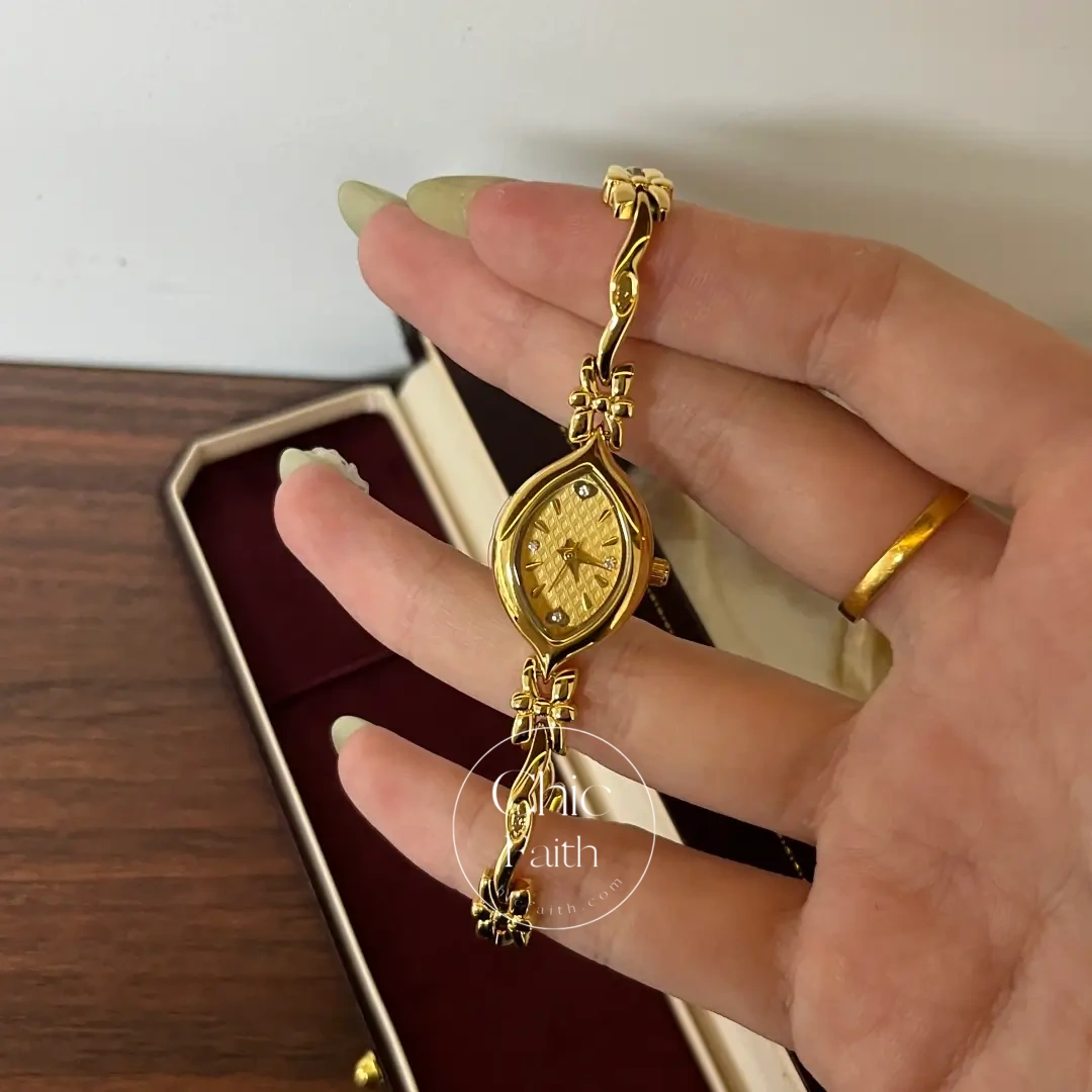 Classic Gold Marquise Floral Bracelet Rhinestone Watch for Women