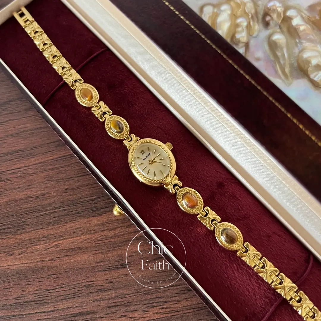 ChicFaith Beige Mother of Pearl Tiger's Eye Gemstone Bracelet Watch