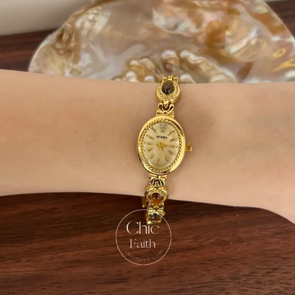 ChicFaith Beige Mother of Pearl Tiger's Eye Gemstone Bracelet Watch