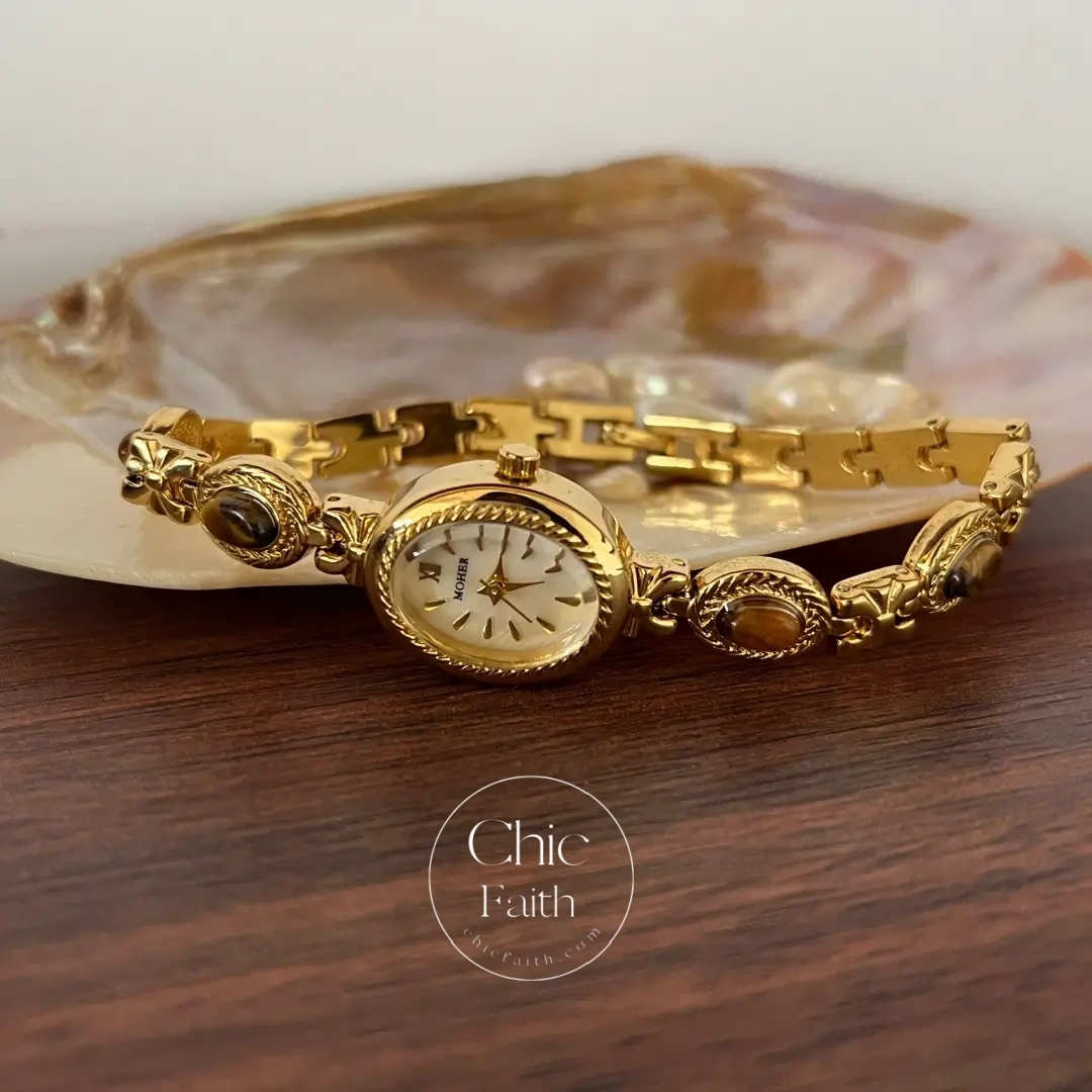 ChicFaith Beige Mother of Pearl Tiger's Eye Gemstone Bracelet Watch