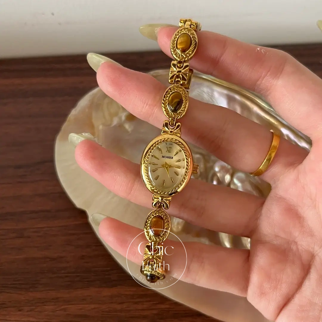 ChicFaith Beige Mother of Pearl Tiger's Eye Gemstone Bracelet Watch
