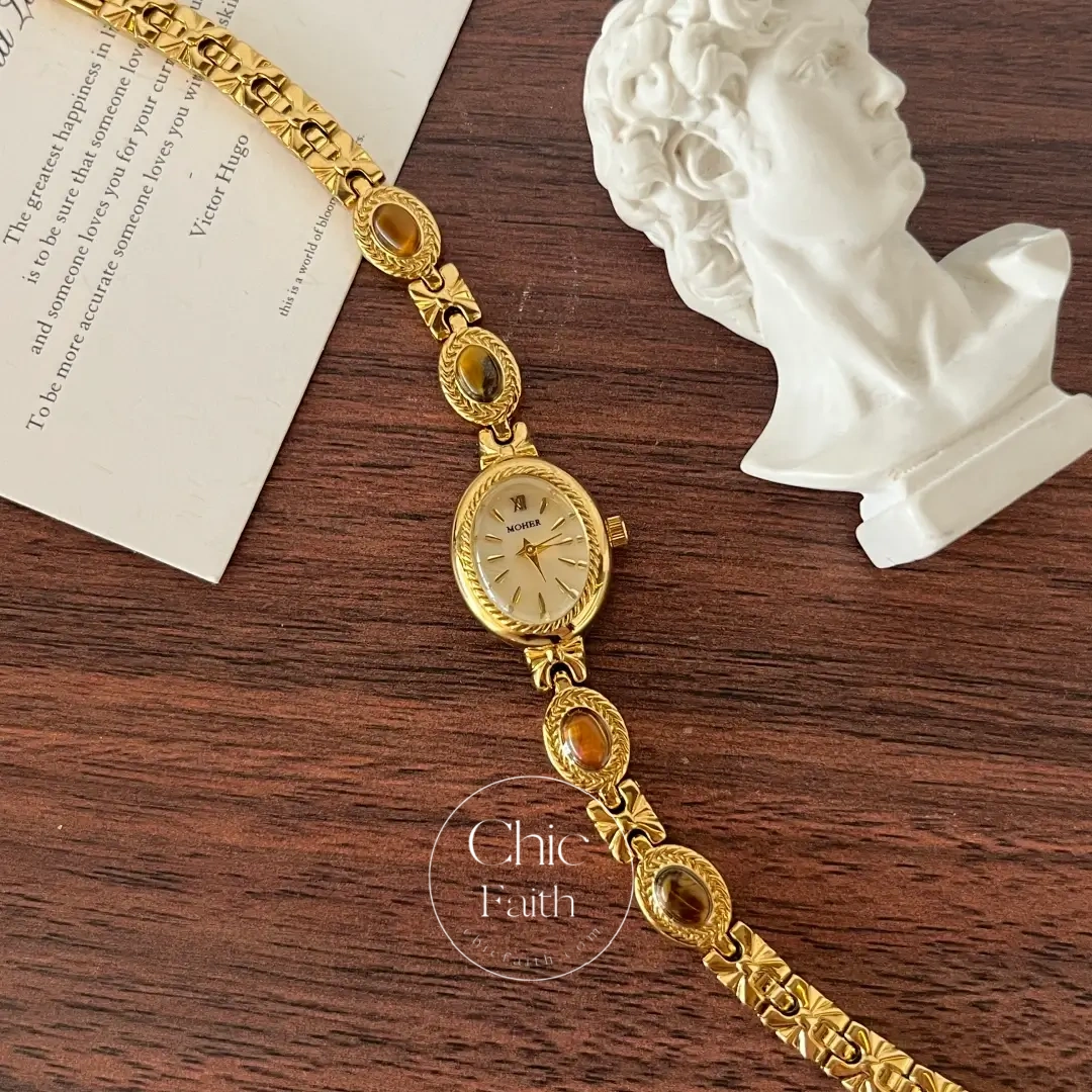 ChicFaith Beige Mother of Pearl Tiger's Eye Gemstone Bracelet Watch