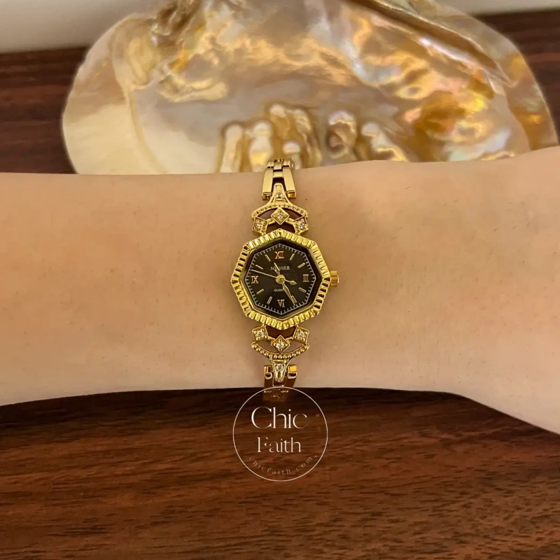 ChicFaith Octagon Royal Blue Dial Gold Bracelet Watch for Women