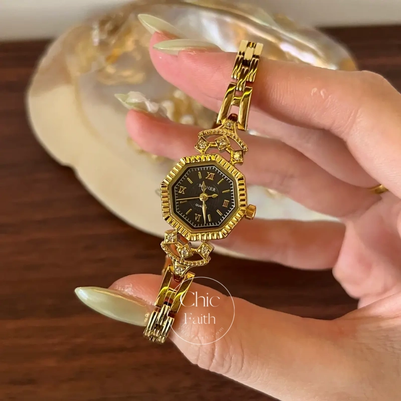 ChicFaith Octagon Royal Blue Dial Gold Bracelet Watch for Women