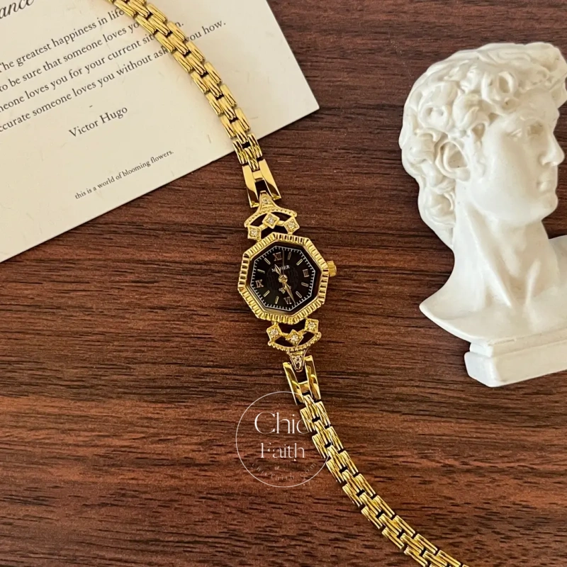 ChicFaith Octagon Royal Blue Dial Gold Bracelet Watch for Women
