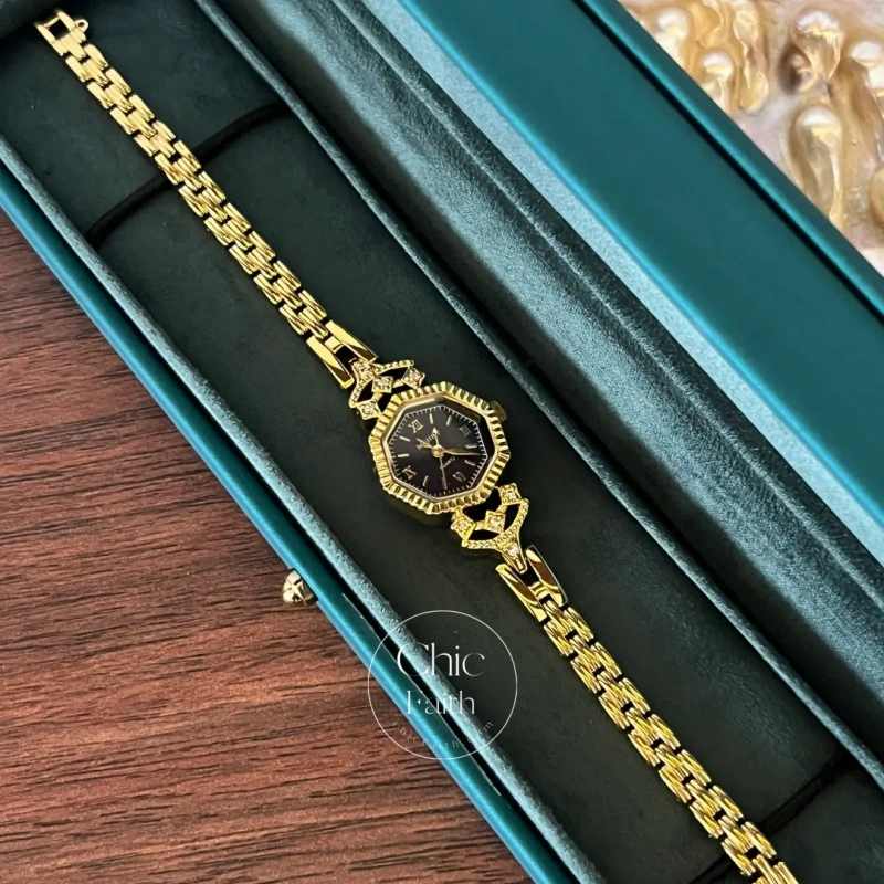 ChicFaith Octagon Royal Blue Dial Gold Bracelet Watch for Women