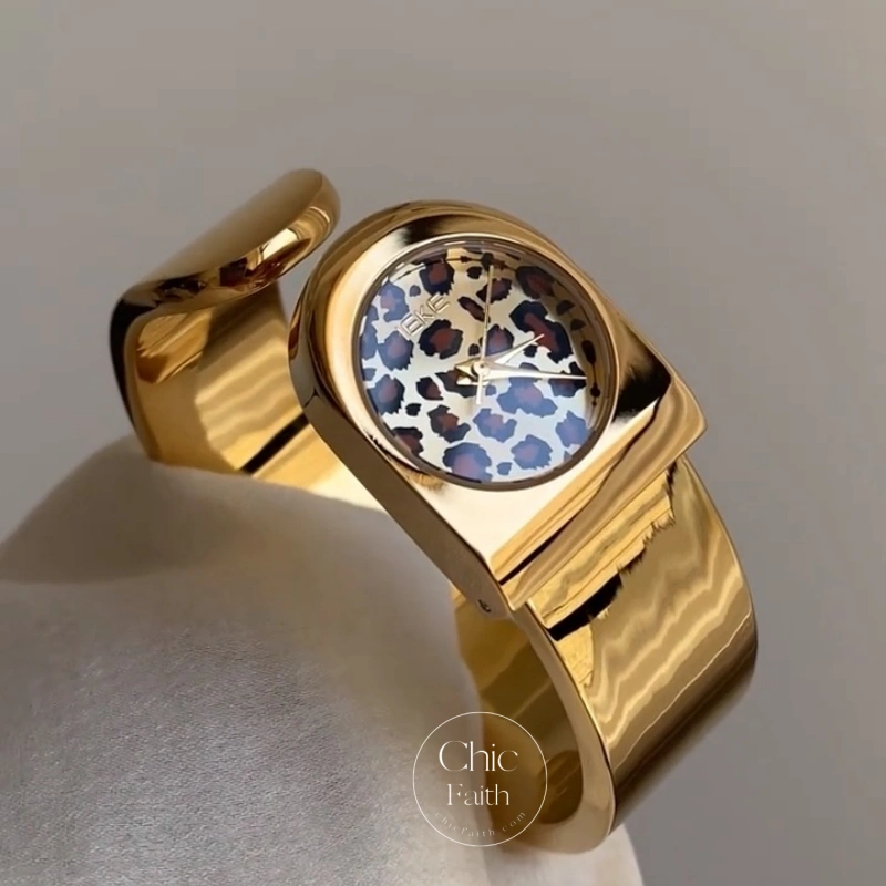 Gold Leopard Print Dial Women's Bangle Watch