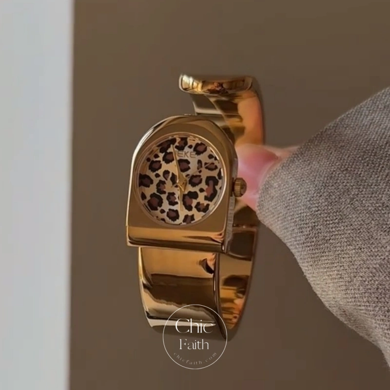 Gold Leopard Print Dial Women's Bangle Watch