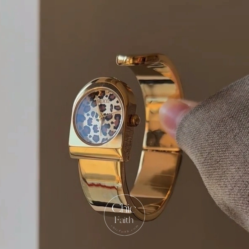 Gold Leopard Print Dial Women's Bangle Watch