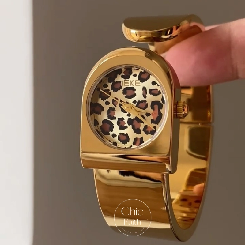 Gold Leopard Print Dial Women's Bangle Watch